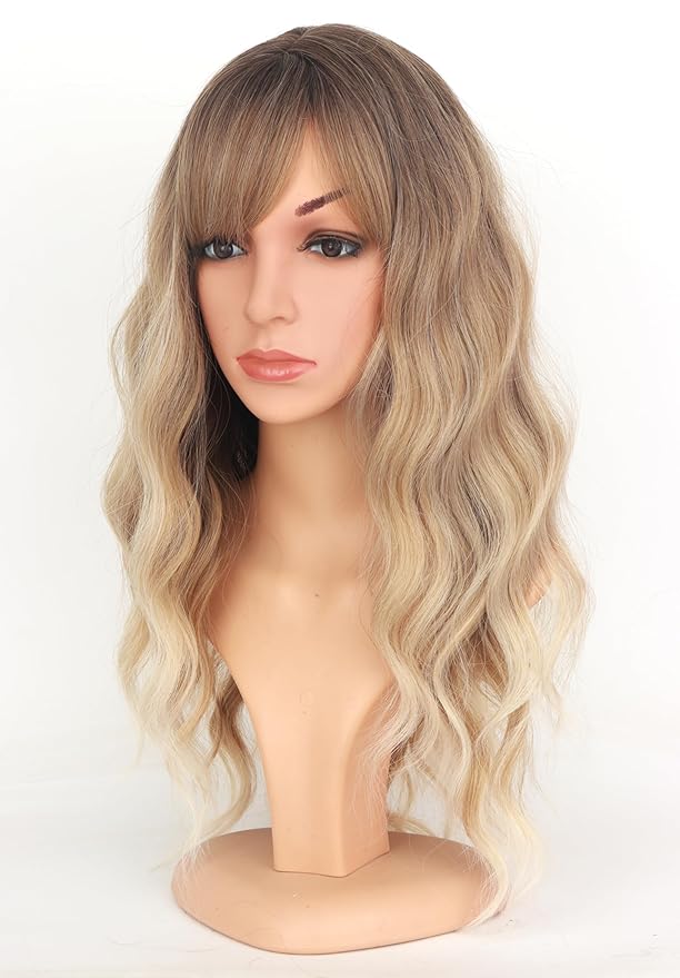 Ombre Dirty Blonde Wavy Wigs With Bangs For Women Medium Long Ash Blonde Synthetic Wigs For Daily Use （Dirty Blonde）