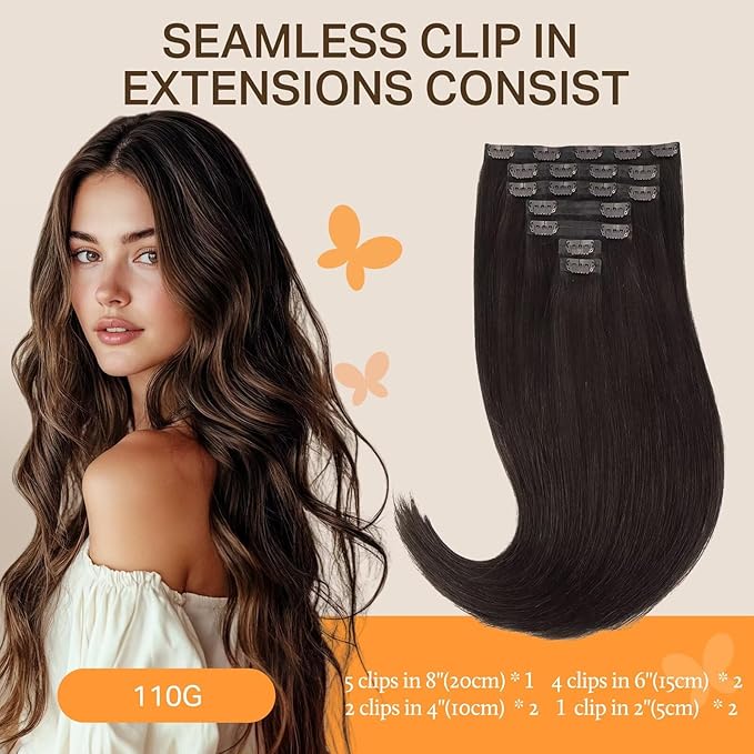 DOORES Human Hair Clip in Extensions, Dark Brown 110g 7pcs 22 Inch, Clip in Hair Extensions Human Hair Seamless Clip in Hair Extensions Remy Hair Skin Weft Straight Hair Invisi Edge Hair Extensions