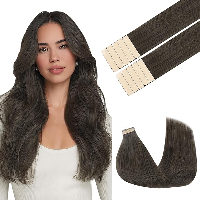 GOO GOO Tape in Hair Extensions Human Hair, 1C Mocha Brown, 20inch 30g 10pcs, Skin Weft Seamless Invisible, Silky Straight with Thick Ends, Remy Human Hair
