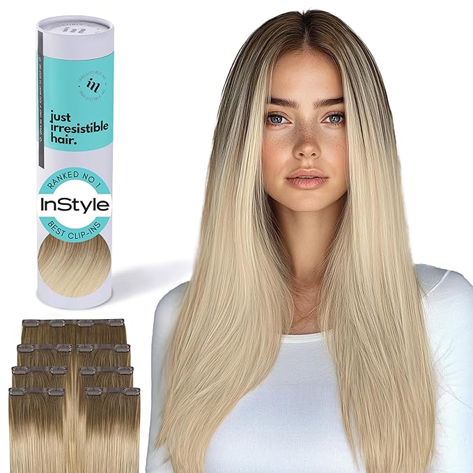Irresistible Me Real Human Hair Extensions Clip Ins – 100% Human Hair Clip In Extensions for Length & Volume – Invisible Extension – Heat Resistant & Dyeable – Rooted Blonde, 20 Inches