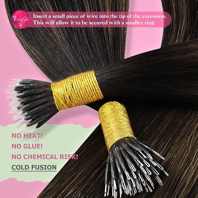 YoungSee Nano Hair Extensions Human Hair Brown Nano Bead Hair Extensions Human Hair Balayage Nanolink Hair Extension Dark Brown Ombre Medium Browns Nano-Tip Hair Extension 14inch 50s 50g