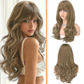 Haloo Brown Blonde Wigs with Bangs Long Wavy Layered Haircut Natural Looking Fluffy Synthetic Heat Resistant Hair Wig for Women Daily Party, 24 Inch Brown Mixed Blonde