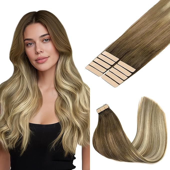 GOO GOO Tape in Hair Extensions Human Hair, 3/8/613 Balayage Walnut Brown to Ash Brown and Bleach Blonde, 22inch 30g 10pcs, Seamless Invisible, Silky Straight with Thick Ends, Remy Human Hair