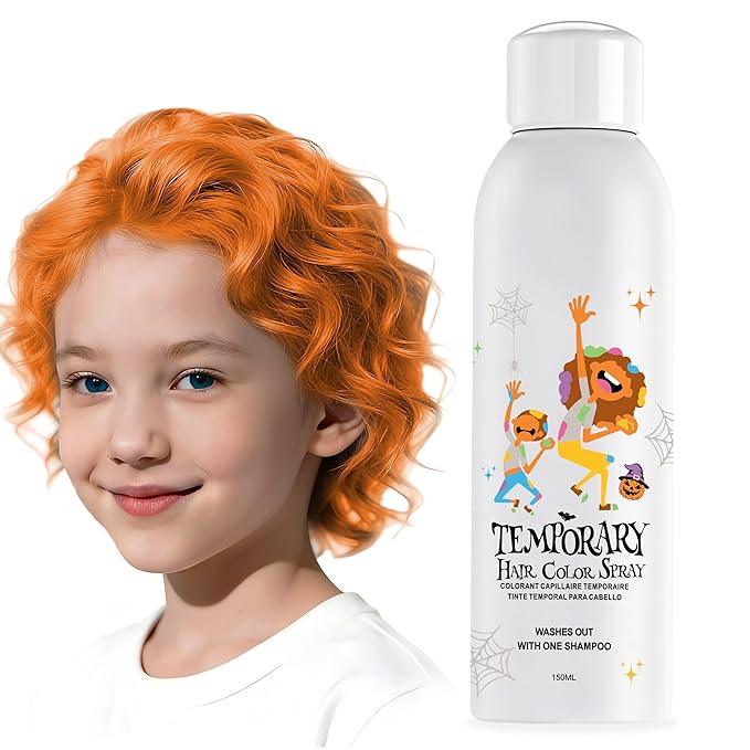 Orange Temporary Hair Color Spray for Kids, Silver Instant Colored Hair Dye Alternative for Boys Girls Teens Men Women, Quick Styling for Party Christmas Halloween, Disposable Washable, 150ml