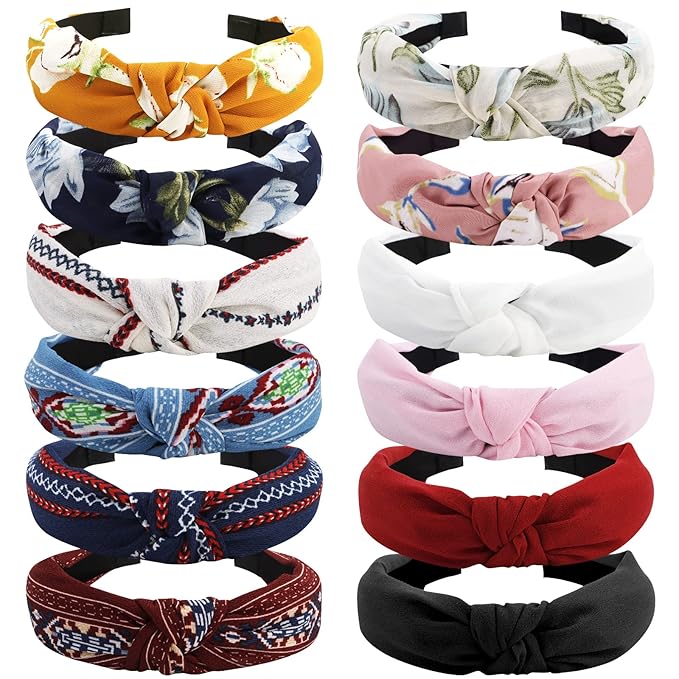 VELSCRUN 12 Pack Flower Headbands for Women - Non-Slip Wide Boho Knotted Hair Accessories, Cute Fashion Headbands, Birthday Gift Set