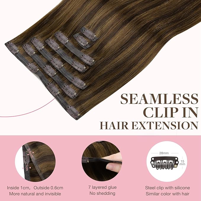 GOO GOO Clip in Hair Extensions Real Human Hair, Remy Human Hair Extensions Clip ins for Women, Natural Human Hair, 22inch 110g 7Pcs, 2C/4E/6C Brown Sugar Swirl Highlights