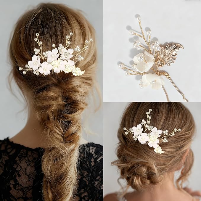 Pearl Bridal Wedding Hair Pins 6Pcs White Flower Gold Leaf Pearls Clips Bridal Hair Accessories for Women Brides Bridesmaid