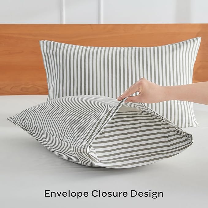 JELLYMONI 100% Natural Cotton Striped Body Pillowcase, 1 Pack White and Grey Vertical Stripes Pattern Printed Pillow Covers with Envelope Closure(Pillows are not Included)