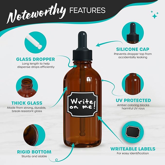 Nevlers Amber Glass Dropper Bottles 4 Oz 48 Pack | Tincture Bottles with Dropper, Shrink Wrap, Funnel, Brush, Marker, & Labels | Glass Oil Bottle | Liquid Medicine Dispenser | Apothecary Supplies