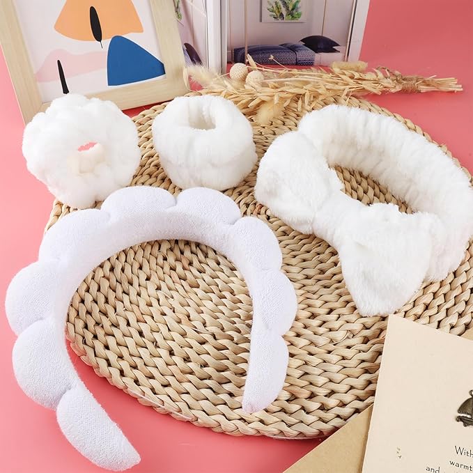 Zkptops 6Pcs Spa Headband for Washing Face Wristbands Set Women Bubble Skincare Makeup Sponge Terry Cloth Padded Puffy Headband Bow Tie Hairband Cute Non Slip Thick Hair Accessory Gifts (White)