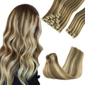 GOO GOO Clip in Hair Extensions Real Human Hair, Remy Human Hair Extensions Clip ins for Women, Natural Human Hair, 14inch 150g 9Pcs, 8A/22 Medium Brown Highlighted Golden Blonde