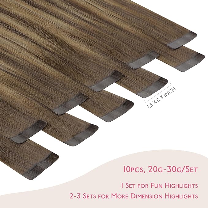 Wennalife Tape in Hair Extensions Human Hair Balayage Chocolate Brown to Caramel Blonde Tape in Extensions, 10pcs 25g 16 inch Remy Invisible Tape Ins Straight Soft Real Human Hair Tape in Extensions