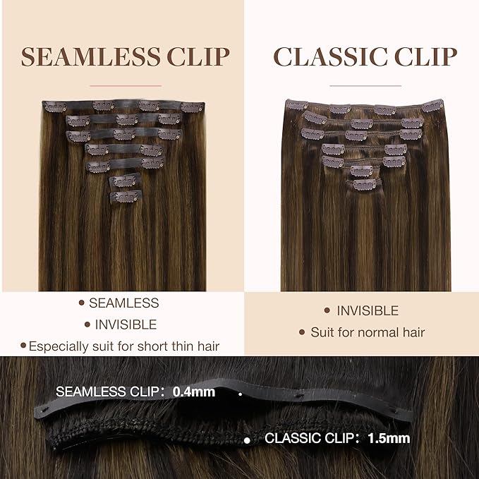 GOO GOO Clip in Hair Extensions Real Human Hair, Remy Human Hair Extensions Clip ins for Women, Natural Human Hair, 22inch 110g 7Pcs, 2C/4E/6C Brown Sugar Swirl Highlights