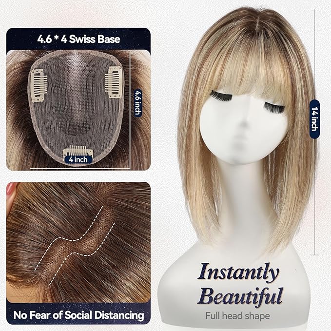starluck Human Hair Toppers for Women with Thinning Hair, 14 Inch Real Hair Topper, 4.6x4 Inch SilkHug Swiss Lace Base Hairpiece, With Bangs (Ombre Ash Blonde)