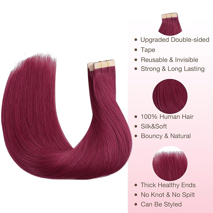 GOO GOO Tape in Hair Extensions Human Hair, Burgundy Red, 20inch 30g 10pcs, Colored Tape ins Human Hair Extensions, Silky&Soft Invisible Tape Ins, Hair Highlighted for Party