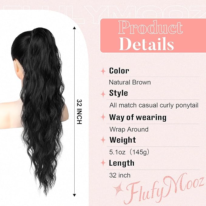 Flufymooz Ponytail Extension, Flexible Wrap Around Ponytail Extension Long Wavy Curly Ponytail Hair Extensions Natural pony tail Synthetic Hairpiece for Women 32 Inch (Natural Black)
