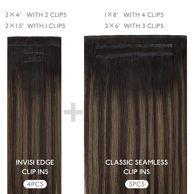 WENNALIFE Invisi Edge & Classic Seamless Clip in Hair Extensions Real Human Hair, 18 Inch 130 7pcs Balayage Dark Brown Mixed Chestnut Brown Hair Extensions for Women Invisible Straight Injection