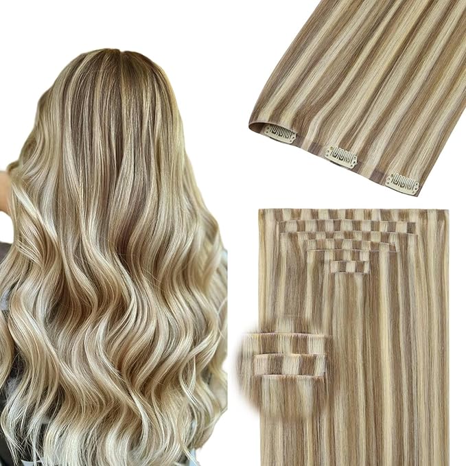 DOORES Invisi Edge Clip in Hair Extensions 16 inch 130g 7pcs, Virgin Invisible Seamless Clip in Extension Real Human Hair Injected Clipins Straight, P8/60 Light Brown Highlighted Medium Blonde