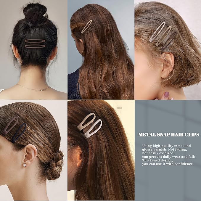 16 PCS Snap Hair Clips Metal Barrettes for Women Non Slip Barrettes for Thick and Thin Fine Hair,Matte Black Brown Beige,2.36 x 0.43 Inches.