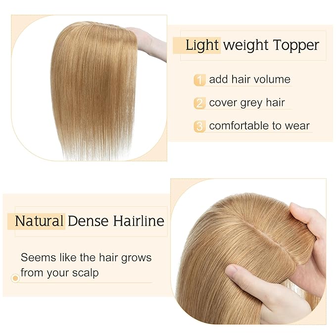 SEGO Human Hair Toppers for Women With Thinning Hair, 7 * 13CM Silk Base 100% Real Human Hair Clip in Top Wiglet Hairpieces //6 Inch No Bangs Dark Blonde