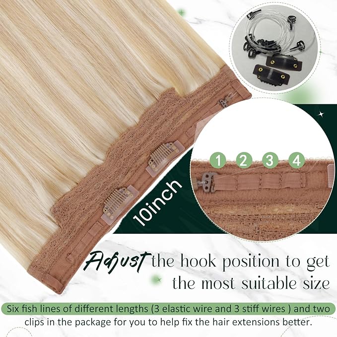 RUNATURE Invisible Wire Hair Extensions, Blonde Human Hair Extensions, Soft Remy Hair, Fish Line Natural Extensions for Women, Add Hair Volume, 14 Inch 70g #18p613 Ash Blonde Highlights