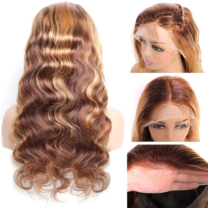 13x4 HD Body Wave Highlight Ombre Lace Front Wig Human Hair Pre Plucked 4/27 Honey Blonde Lace Frontal Wig For Women with Baby Hair 200% Density Glueless Body Wave Colored Lace Front Wig 18 Inch
