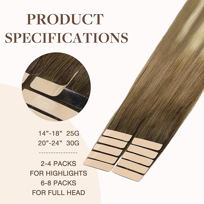 GOO GOO Tape in Hair Extensions Human Hair, 3/8/613 Balayage Walnut Brown to Ash Brown and Bleach Blonde, 22inch 30g 10pcs, Seamless Invisible, Silky Straight with Thick Ends, Remy Human Hair