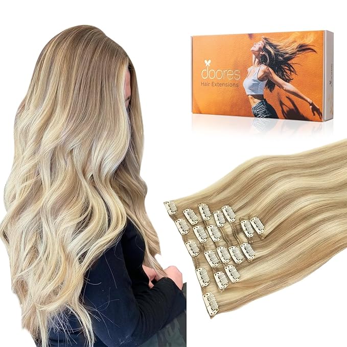 DOORES Clip-in Hair Extensions - Real Human Hair, Dark Blonde Highlighted Bleach Blonde 80g, 12 Inch, 7pcs Straight Natural Clip-ins