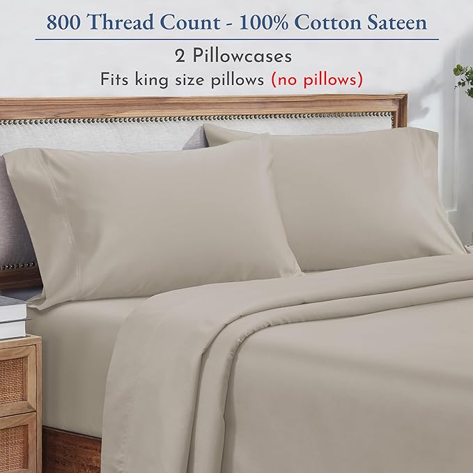 California Design Den 100% Cotton King Pillow Cases Set of 2, 800 Thread Count, Soft Pillow Cases Sateen, Fits King Size Pillows (Beige)