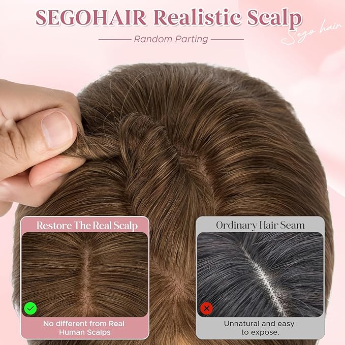 Real Human Hair Toppers for Women 3.54"*4.72" Silky Base 150% Density No Bangs Adjustable Parting Clip-In Topper Hairpieces for Women with Thinning Hair 16 Inches Medium Brown
