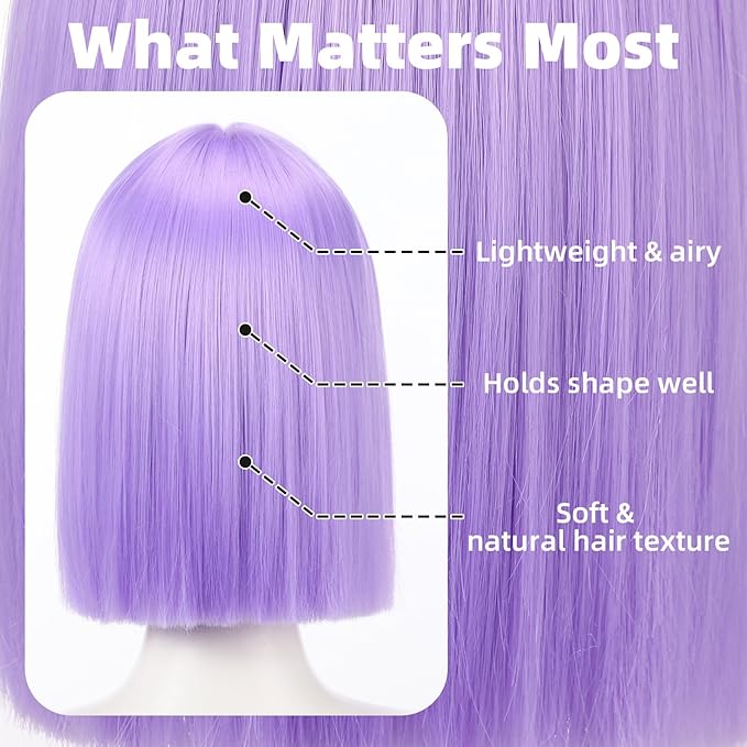 Allbell Light Purple Wigs for Women Short Bob with Bangs Heat Resistant Synthetic Hair 12 inch for Daily Party Halloween Costume Use