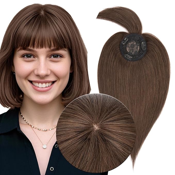MY-LADY Human Hair Toppers for Women Real Human Hair with Bangs Thin 8.5 * 8.5CM Mono Base Clip in Remy Hairpieces Light Weight 14 Inch Chocolate Brown
