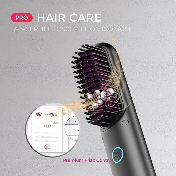 TYMO Cordless Hair Straightener Brush - Porta PRO Portable Straightening Brush for Travel, Mini Ionic Hot Comb Straightener for Women, Lightweight on-The-go, Cordless & Fast Charger Dual Power, Black