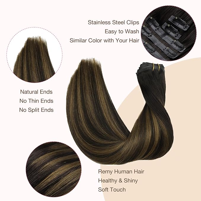 GOO GOO Clip in Hair Extensions Real Human Hair, Remy Human Hair Extensions Clip ins for Women, Natural Human Hair, 18inch 110g 7Pcs, 2/6/2 Balayage Dark Brown to Chestnut Brown