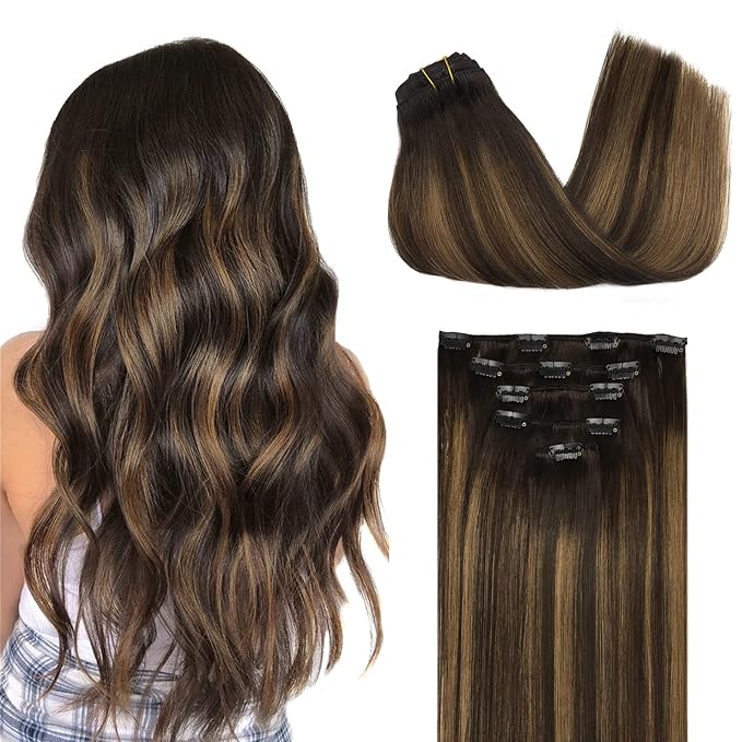 DOORES Clip in hair extensions, 5pcs 75g Dark Brown 14 Inch Human Hair Extensions Clip in Remy Hair Extensions Natural Straight