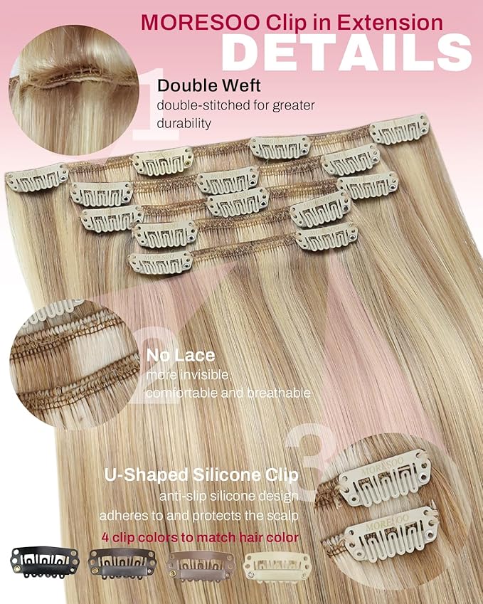 Moresoo Clip in Hair Extensions Real Human Hair Double Weft Human Hair Clip in Extensions Straight Dark Ash Blonde Highlight with Golden Blonde 5pcs 80g 16inch