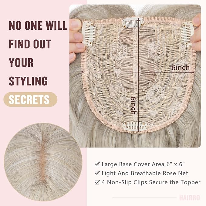 Hairro 18 Inch Long Hair Toppers Wavy with Side Bangs for Women, Clips In Synthetic Hairpieces Capless, for Adding Volume/Birthday/Party/Halloween/Cosplay Dress Up, Grey Mixed Light Blonde