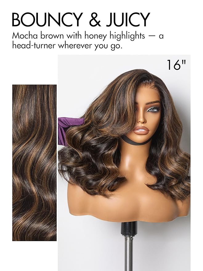 LUVME HAIR 100% Human Hair Wigs Loose Wave Glueless Lace Front 16 Inches, Pre Cut Plucked Hd Lace Short Wig Ready To Go Highlight Color Straight Bleached Knots Side Part Wigs