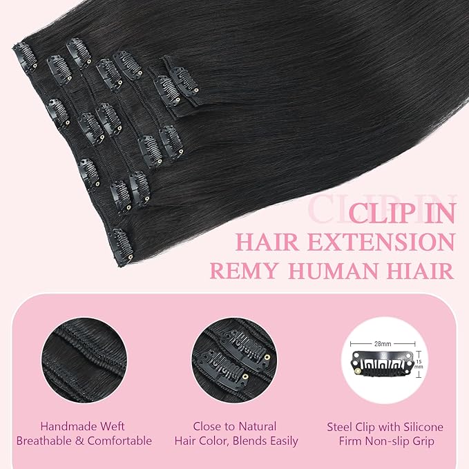 PINKPEARL Clip in Human Hair Extensions #1B Natural Black Clip in Hair Extensions Real Human Hair 16 inch Remy Hair 120g 7pcs Straight Natural Human Hair Clip ins(#1B-16)