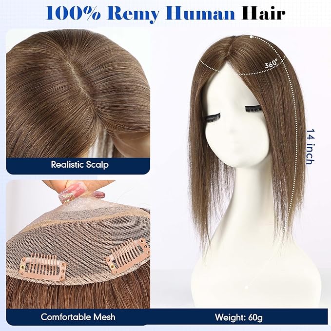HAIRCUBE Hair Toppers For Women With Thinning 5"*5" Large Base Real Hair Toppers For Women, 14 Inch For Hand-Woven, 60g, Silk, Natural, realistic, Use Daily, Hairloss, Brown, No Bangs