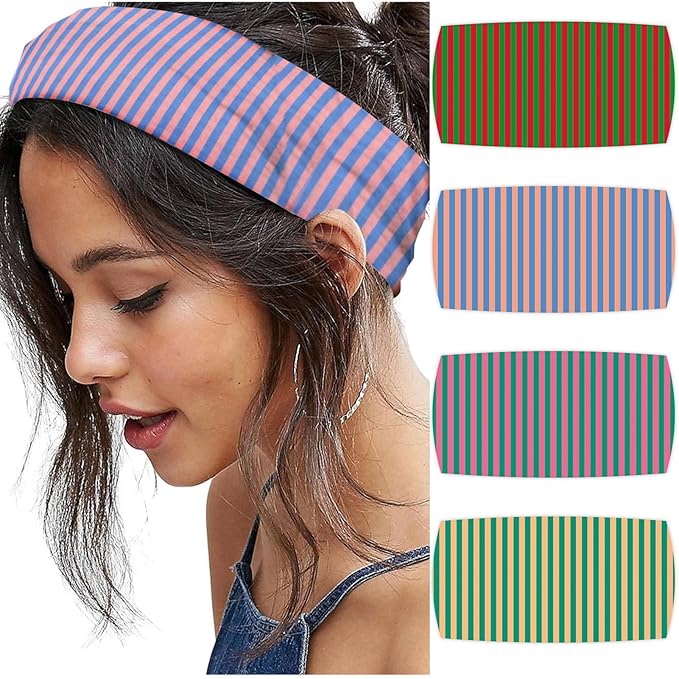 4pcs Striped Headbands for Women Wide Head Bands for Women's Hair Non Slip Wraps Elastic Stretchy Fashion Bandanas Workout Yoga Cute Hair Bands for Women's Hair Accessories