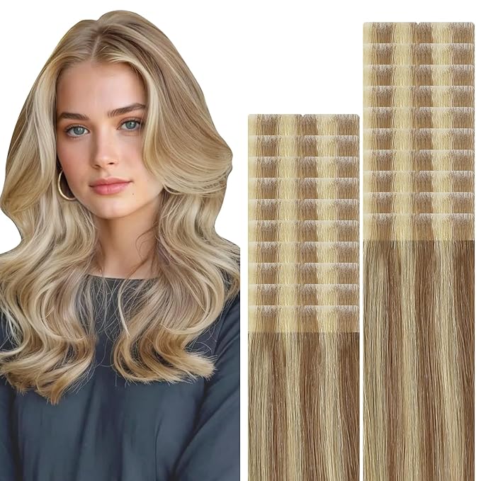 VINBAO Invisi Edge Hair Extensions Real Human Hair Tape in, Balayage Ash Brown to Caramel Blonde, 55g 20pcs Seamless Injected Tape in Human Hair Extensions 20inch #10/16/16