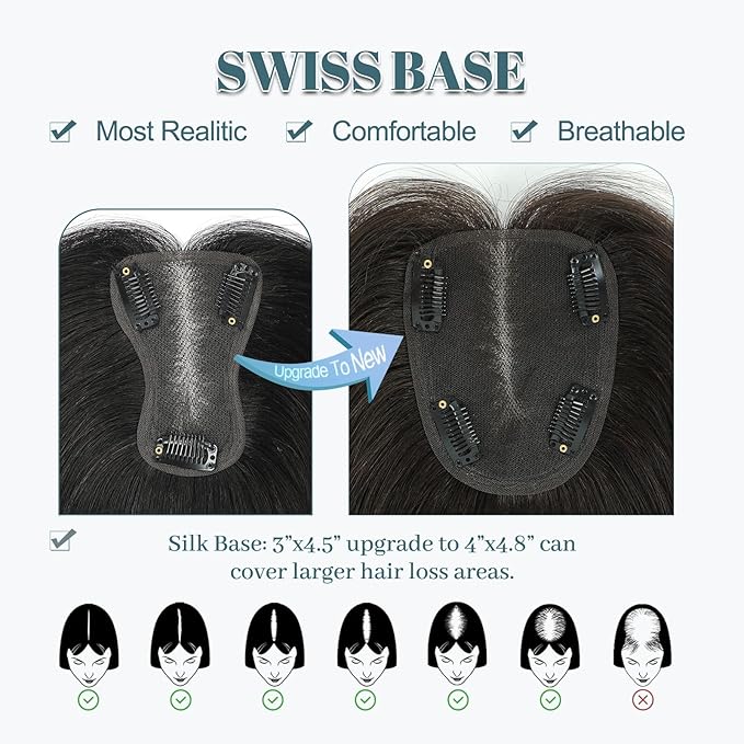 Human Hair Toppers for Women Real HairTopper with Thinning Hair 120% Density Round Shaped Swiss Base Hair Pieces 40g-Dark Brown(12inch, 2#)