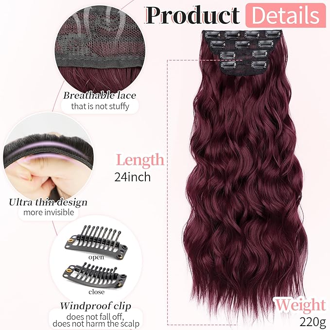 KooKaStyle Burgundy Clip in Hair Extensions for women Synthetic Heat Resistant 4PCS Thick Long Wavy Hairpieces 24 Inch