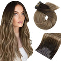 Moresoo PU Seamless Human Hair Clip in Extensions 14inch Balayage Dark Brown to Dark Ash Blonde Clip in Hair Extensions Real Human Hair Thick and Long 120g 7pcs