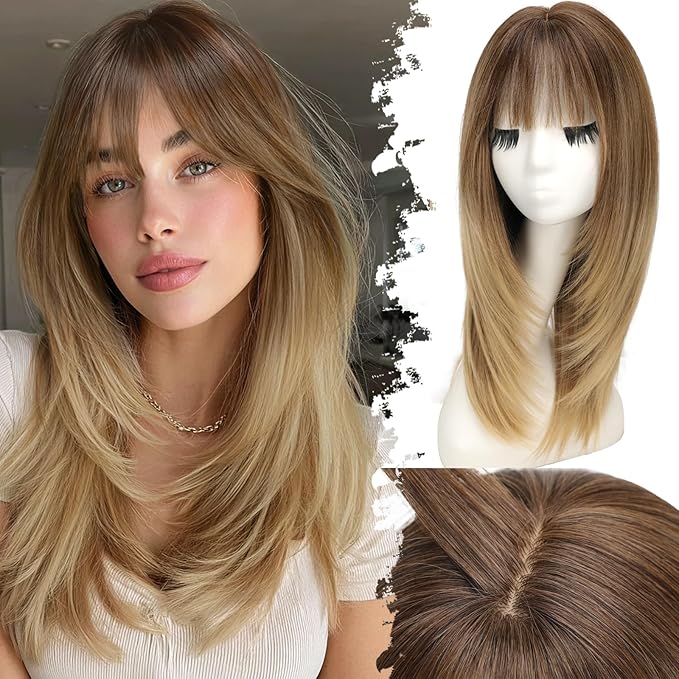 Wig with Bangs for Women Ombre Brown to Blonde Straight Face-Framing Layers Hairstyle 4x4 Realistic Scalp Glueless Synthetic Wigs Medium Length for Everyday Use