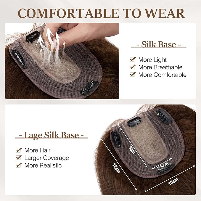 Rich Choices Hair Toppers for Women Real Human Hair 100% Human Remy Toppers NO Bangs for Women with Thinning on Top Clip in Hairpiece 4"x4.7"Lace Base 14 Inch #4 Medium Brown