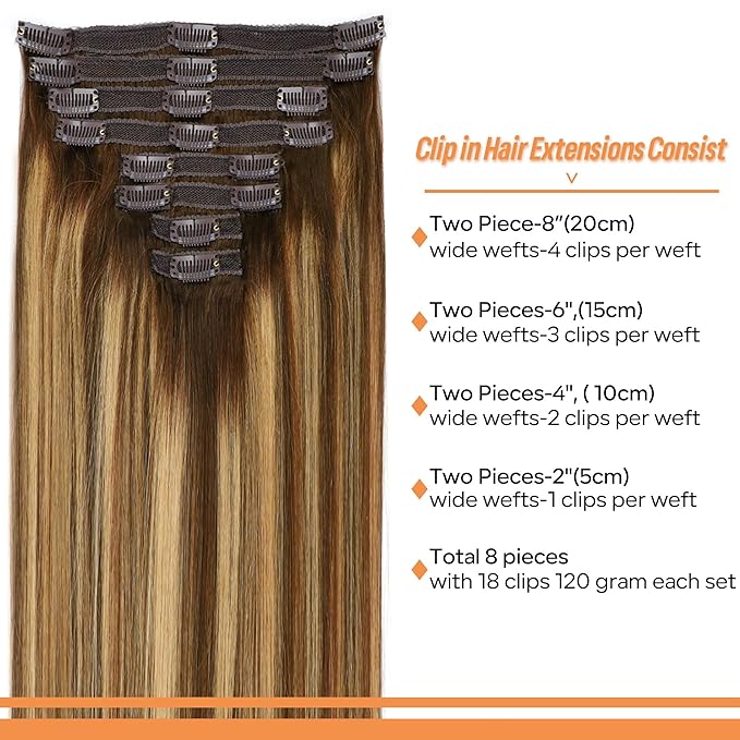 Straight Clip In Hair Extensions Real Human Hair 8Pcs Clip In Balayage Chocolate Brown to Caramel Blonde Human Hair Extensions with 18Clips Lace Weft 120g 20inch