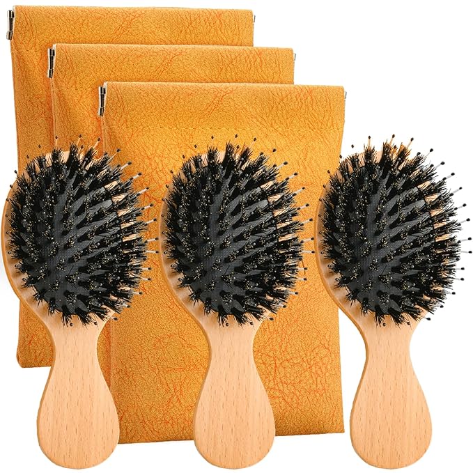 Travel Hair Brush, 3-Pack Mini Boar Bristle Hair Brush for Women - Small Portable Compact HairBrush for Girls Kids Women Best Gift, Travel Size for Purse, Vacation, Business Trips & Outings