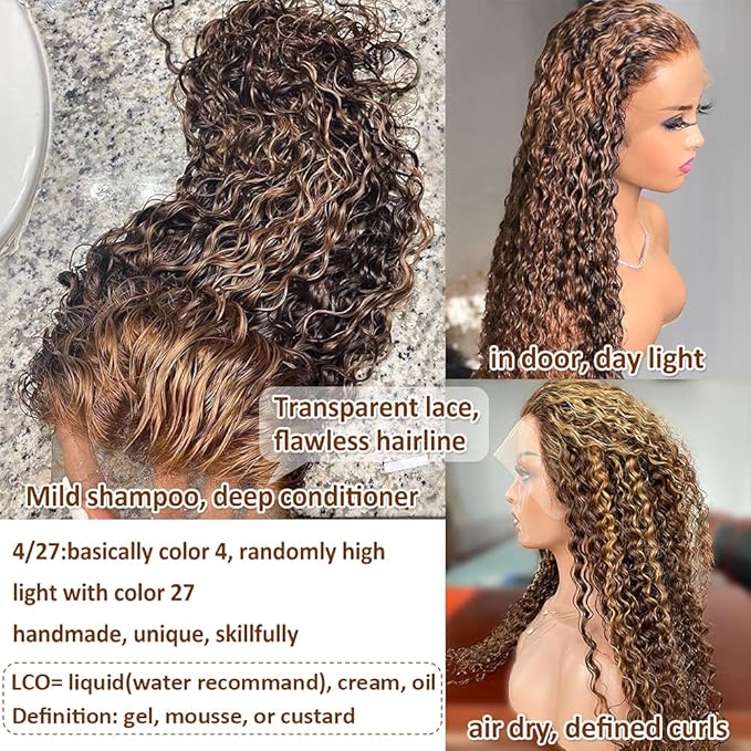 CYNOSURE 30 Inch 4/27 Highlight Deep Wave Lace Front Wigs Human Hair 13x5 Ombre Honey Blonde Jerry Curly Wig HD Transparent Lace Frontal Wigs Pre Plucked with Baby Hair 180% Density
